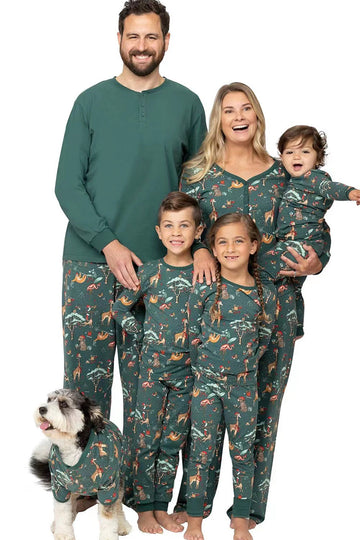 Conjunto de pijama a juego verde oscuro animal print